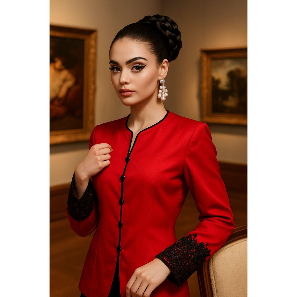 Miller Shor Vintage Silk Jacket 14 Red Black Beaded Cuffs Cocktail Glam Beaded